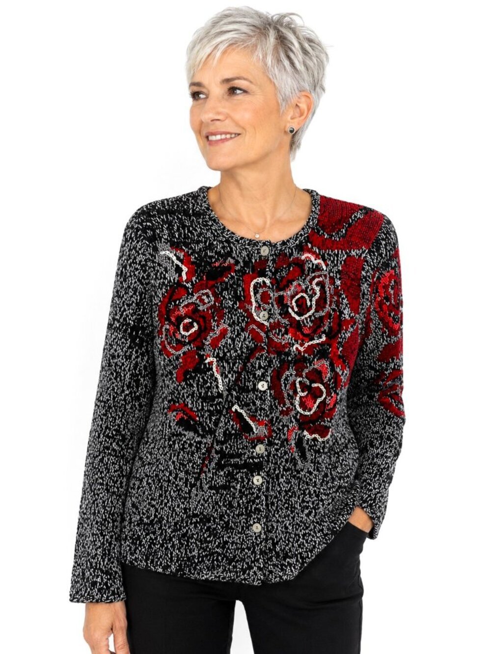 Susan Bristol Hand-Embroidered Red Black White Grey Cardigan